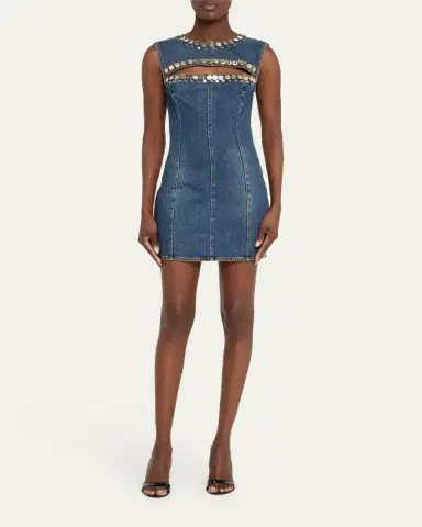 AREA Crystal Button Studded Slit Denim Mini Dress | Thumbnail 2 AREA Crystal Button Studded Slit Denim Mini Dress | Thumbnail 2