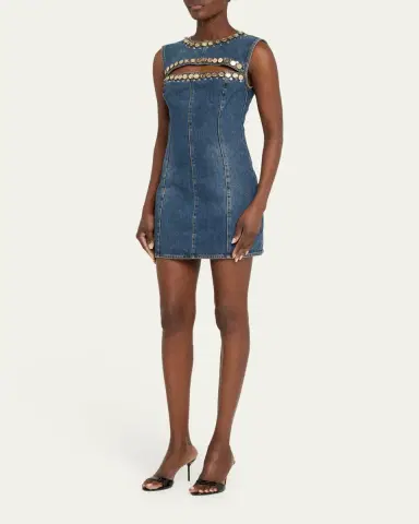 AREA Crystal Button Studded Slit Denim Mini Dress | Thumbnail 4 AREA Crystal Button Studded Slit Denim Mini Dress | Thumbnail 4
