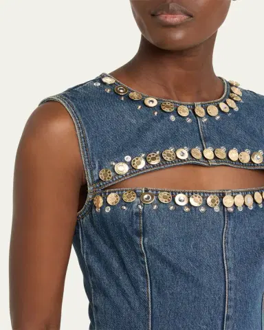 AREA Crystal Button Studded Slit Denim Mini Dress | Thumbnail 5 AREA Crystal Button Studded Slit Denim Mini Dress | Thumbnail 5