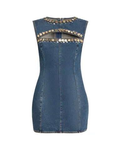AREA Crystal Button Studded Slit Denim Mini Dress | Thumbnail 1 AREA Crystal Button Studded Slit Denim Mini Dress | Thumbnail 1