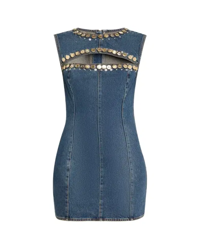 Crystal Button Studded Slit Denim Mini Dress
