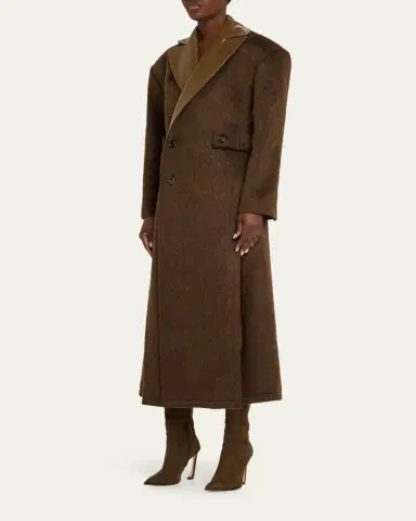 Zomer Shiny-Leather Lapels Double-Breasted Faux-Fur Trench Coat | Thumbnail 4