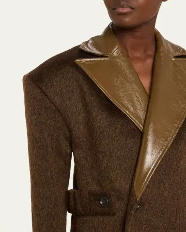 Zomer Shiny-Leather Lapels Double-Breasted Faux-Fur Trench Coat | Thumbnail 5