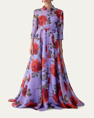 Carolina Herrera Rose Silk Organza Long-Sleeve Trench Gown | Thumbnail 2