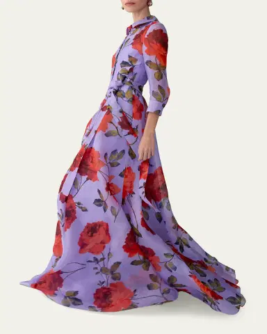 Carolina Herrera Rose Silk Organza Long-Sleeve Trench Gown | Thumbnail 4