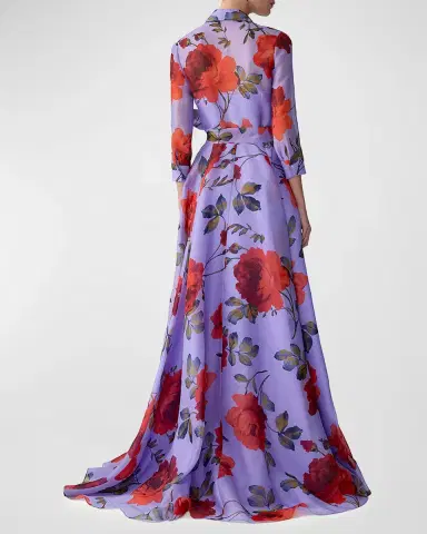 Carolina Herrera Rose Silk Organza Long-Sleeve Trench Gown | Thumbnail 5