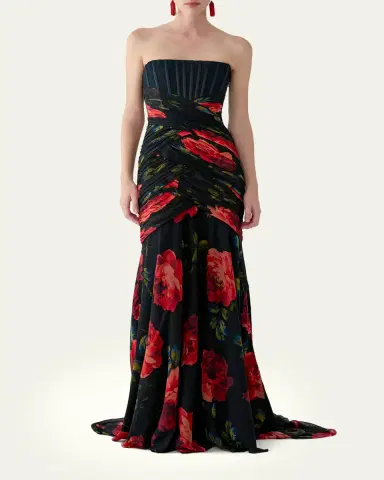 Carolina Herrera Floral Chiffon Strapless Corset Gown | Thumbnail 2