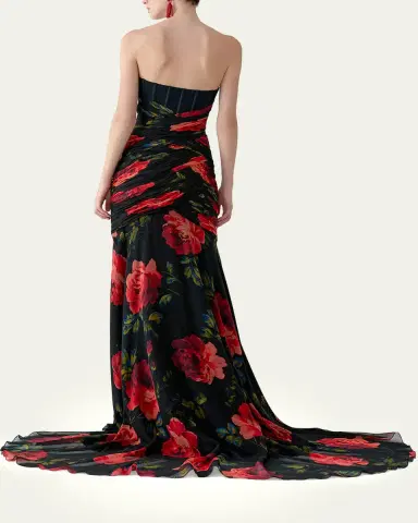 Carolina Herrera Floral Chiffon Strapless Corset Gown | Thumbnail 3