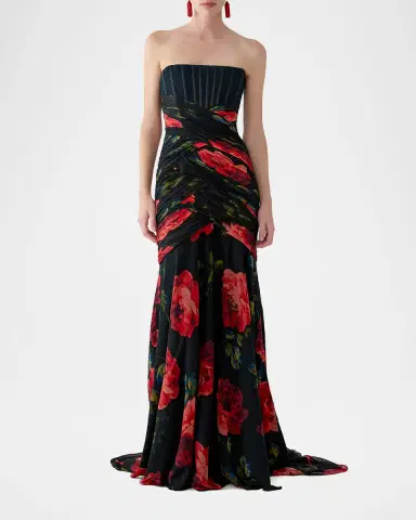 Carolina Herrera Floral Chiffon Strapless Corset Gown | Thumbnail 4