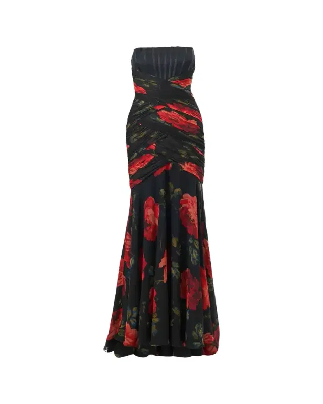 Carolina Herrera Floral Chiffon Strapless Corset Gown