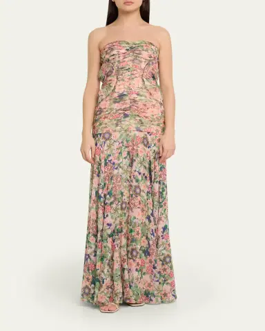 Saloni Kristie Strapless Floral Drop-Waist Gown | Thumbnail 2