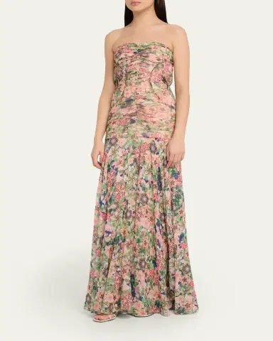 Saloni Kristie Strapless Floral Drop-Waist Gown | Thumbnail 4