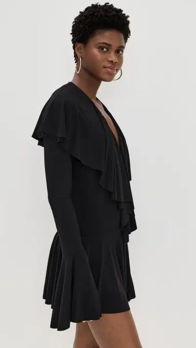 Norma Kamali Long Sleeve Deep V Ruffle Mini Dress Black | Thumbnail 4 Norma Kamali Long Sleeve Deep V Ruffle Mini Dress Black | Thumbnail 4