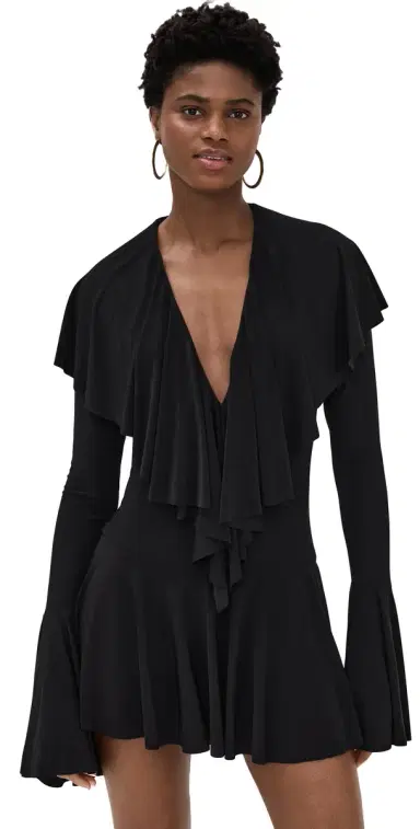 Norma Kamali Long Sleeve Deep V Ruffle Mini Dress Black | Thumbnail 1 Norma Kamali Long Sleeve Deep V Ruffle Mini Dress Black | Thumbnail 1