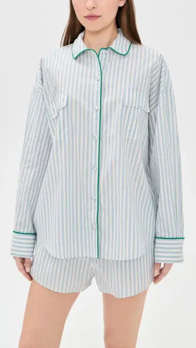Lunya Airy Cotton Piped Button Down Pajama Top tillwater Stripe/pring | Thumbnail 2 Lunya Airy Cotton Piped Button Down Pajama Top tillwater Stripe/pring | Thumbnail 2