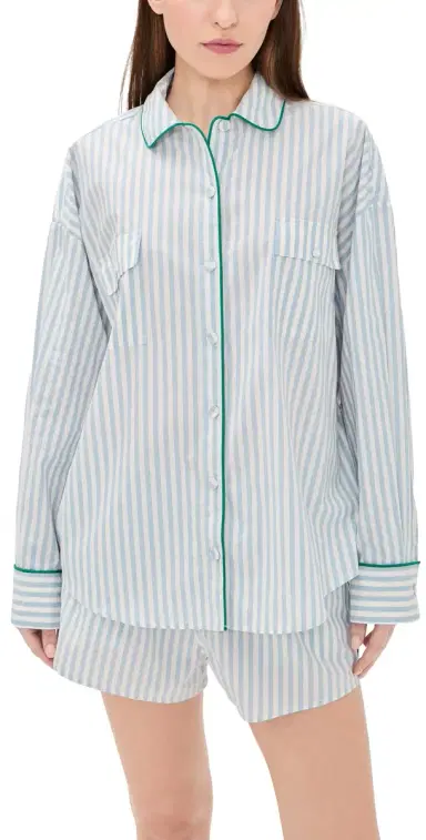 Lunya Airy Cotton Piped Button Down Pajama Top tillwater Stripe/pring | Thumbnail 1 Lunya Airy Cotton Piped Button Down Pajama Top tillwater Stripe/pring | Thumbnail 1
