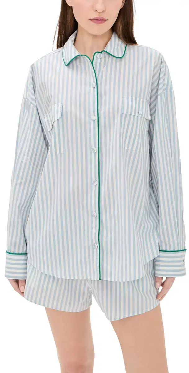 Lunya Airy Cotton Piped Button Down Pajama Top tillwater tripe/pring