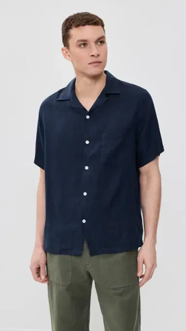 Portuguese Flannel Linen Camp Collar Shirt Navy L | Thumbnail 2 Portuguese Flannel Linen Camp Collar Shirt Navy L | Thumbnail 2