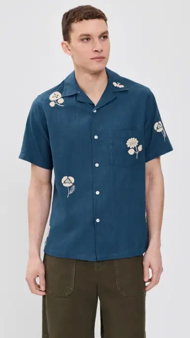 Portuguese Flannel Embroidery Nature Ramie Camp Shirt Blue | Thumbnail 2 Portuguese Flannel Embroidery Nature Ramie Camp Shirt Blue | Thumbnail 2