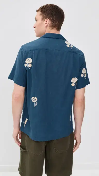 Portuguese Flannel Embroidery Nature Ramie Camp Shirt Blue | Thumbnail 3 Portuguese Flannel Embroidery Nature Ramie Camp Shirt Blue | Thumbnail 3