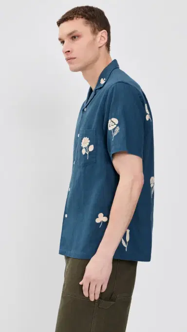 Portuguese Flannel Embroidery Nature Ramie Camp Shirt Blue | Thumbnail 4 Portuguese Flannel Embroidery Nature Ramie Camp Shirt Blue | Thumbnail 4