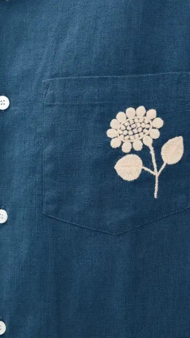 Portuguese Flannel Embroidery Nature Ramie Camp Shirt Blue | Thumbnail 6 Portuguese Flannel Embroidery Nature Ramie Camp Shirt Blue | Thumbnail 6