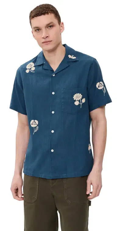 Portuguese Flannel Embroidery Nature Ramie Camp Shirt Blue | Thumbnail 1 Portuguese Flannel Embroidery Nature Ramie Camp Shirt Blue | Thumbnail 1