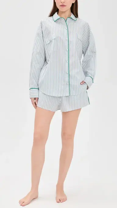 Lunya Airy Cotton Piped Shorts tillwater tripe/pring | Thumbnail 5