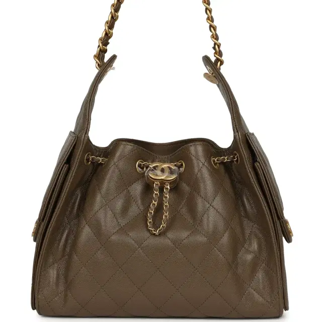 Chanel Small 25 Hobo Bag Dark Khaki Caviar Antique Gold Hardware