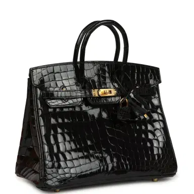 HERMÈS Hermes Birkin 25 Black Shiny Niloticus Crocodile Gold Hardware | Thumbnail 2