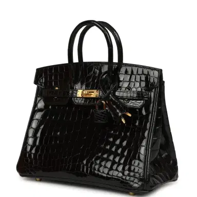 HERMÈS Hermes Birkin 25 Black Shiny Niloticus Crocodile Gold Hardware | Thumbnail 5