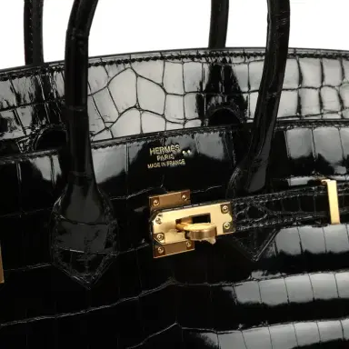 HERMÈS Hermes Birkin 25 Black Shiny Niloticus Crocodile Gold Hardware | Thumbnail 7