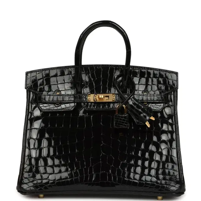 hermes Hermes Birkin 25 Black Shiny Niloticus Crocodile Gold Hardware