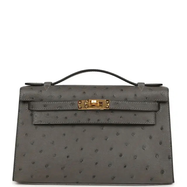 hermes Hermes Kelly Pochette Gris Meyer Ostrich Gold Hardware