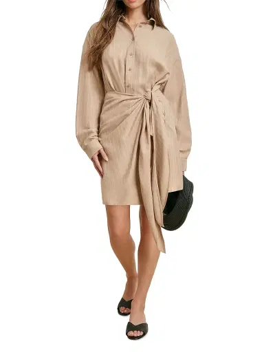 Favorite Daughter Women's The Sweet Talker Striped A-Line Mini-Shirtdress - Desert Khaki Pinstripe - Size Large | Thumbnail 3