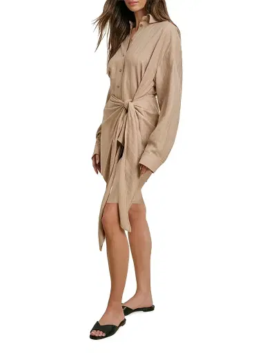 Favorite Daughter Women's The Sweet Talker Striped A-Line Mini-Shirtdress - Desert Khaki Pinstripe - Size Large | Thumbnail 4