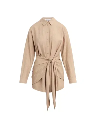 Favorite Daughter Women's The Sweet Talker Striped A-Line Mini-Shirtdress - Desert Khaki Pinstripe - Size Large | Thumbnail 1