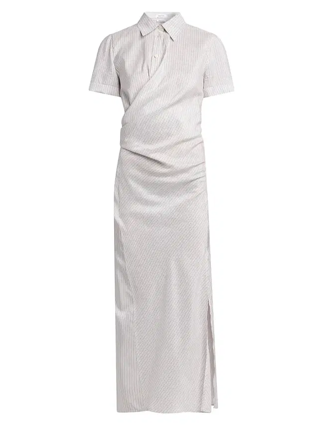 Women's Striped Silk Drape Shirtdress - White Beige
