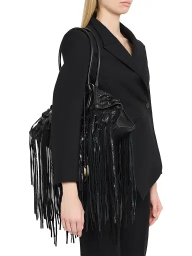 Alexander McQueen Women's Manta Croc-Embossed Leather Fringe Shoulder Bag - Black | Thumbnail 3