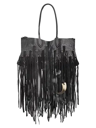 Alexander McQueen Women's Manta Croc-Embossed Leather Fringe Shoulder Bag - Black | Thumbnail 1