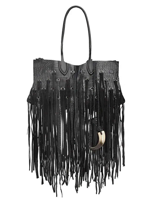 McQueen Women's Manta Croc-Embossed Leather Fringe Shoulder Bag - Black