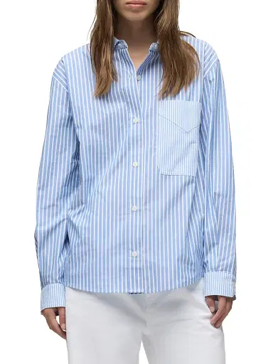 Hudson Jeans Women's Oversized Multi-Stripe Cotton Button-Front Shirt - Blue Stripe - Size Large | Thumbnail 4