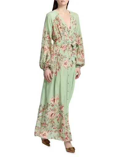 Hemant & Nandita Women's Floral Pintuck Maxi Shirtdress - Green - Size Medium | Thumbnail 2