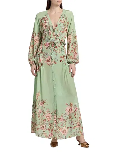 Hemant & Nandita Women's Floral Pintuck Maxi Shirtdress - Green - Size Medium | Thumbnail 3