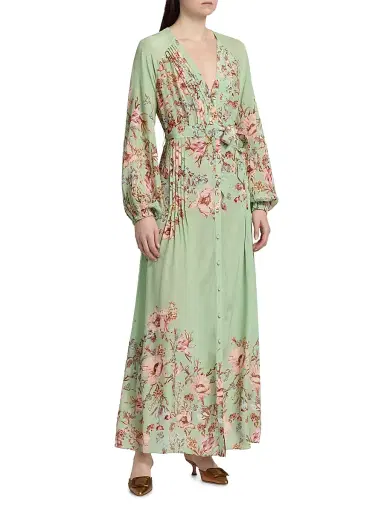 Hemant & Nandita Women's Floral Pintuck Maxi Shirtdress - Green - Size Medium | Thumbnail 4