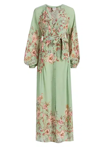 Hemant & Nandita Women's Floral Pintuck Maxi Shirtdress - Green - Size Medium | Thumbnail 1