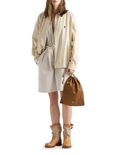 Prada Women's Embroidered Garment-Dyed Old Gabardine Blouson Jacket - Beige Khaki - Size 8 | Thumbnail 4