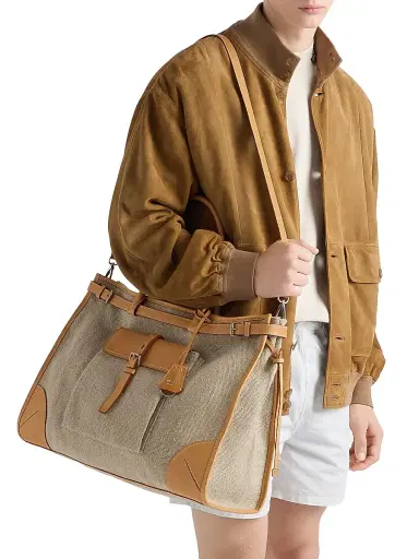 Prada Men's Bonnie Linen and Leather Tote Bag - Beige Khaki | Thumbnail 2 Prada Men's Bonnie Linen and Leather Tote Bag - Beige Khaki | Thumbnail 2