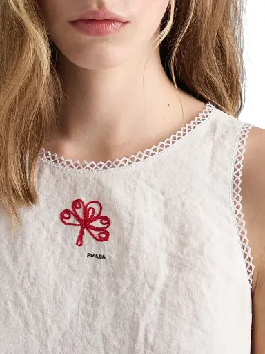 Prada Women's Embroidered Slubbed Canvas Mini-Dress | Thumbnail 5