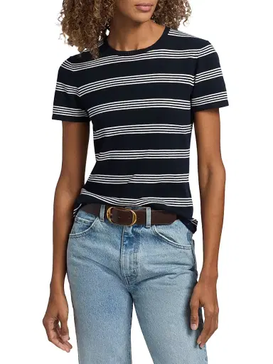 Nili Lotan Women's Lanise Striped Short-Sleeve Sweater - Dark Navy Ivory Stripe - Size XL | Thumbnail 3